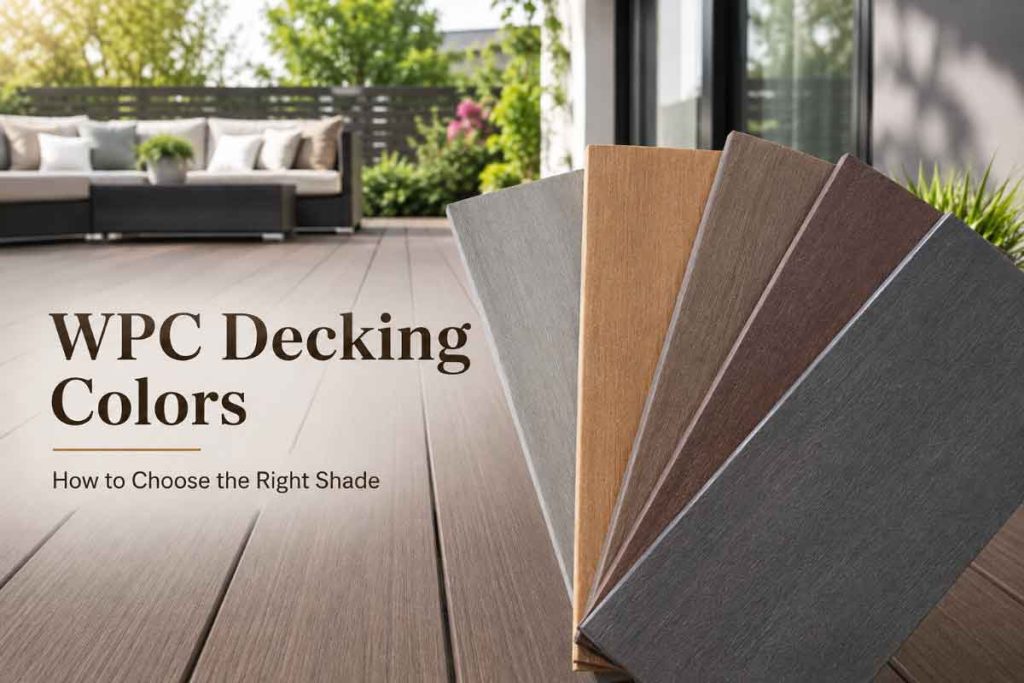 WPC decking color options including grey, teak, brown and charcoal shades for outdoor decking projects