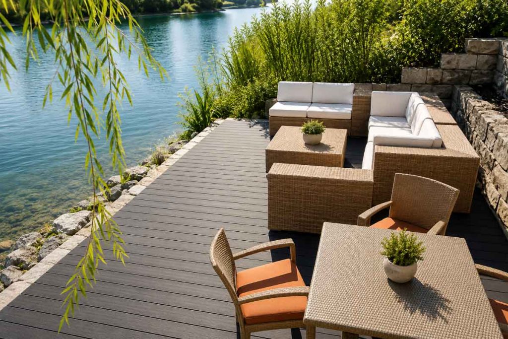 Low maintenance composite decking used in an outdoor lakeside terrace with seating and dining furniture