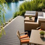 Low maintenance composite decking used in an outdoor lakeside terrace with seating and dining furniture