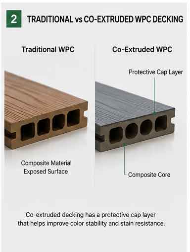 Traditional and co-extruded WPC decking surface comparison