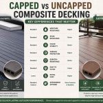 Capped vs uncapped composite decking comparison showing moisture resistance, stain resistance, color stability, surface protection, cost and outdoor applications