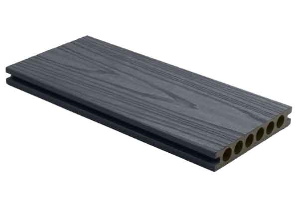 Dark gray capped composite decking with hollow profile and wood-grain co-extrusion surface