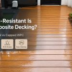 Stain-resistant composite decking showing resistance to food, drink, oil and grease stains with easy-clean outdoor WPC surface