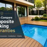 `Composite decking warranty guide showing outdoor WPC decking around a swimming pool, with coverage, exclusions, installation and claims considerations`