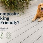 `Pet-friendly composite decking with a dog on a light grey outdoor WPC deck, highlighting paw comfort, easy cleaning, heat and scratch resistance`