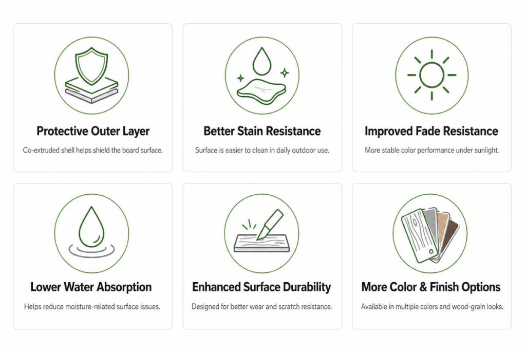 Capped composite decking benefits including stain resistance, fade resistance, lower water absorption, surface durability and multiple color options