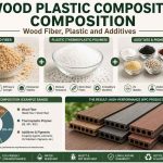 Wood plastic composite composition showing wood fiber, thermoplastic polymer, additives, pigments and finished WPC decking boards