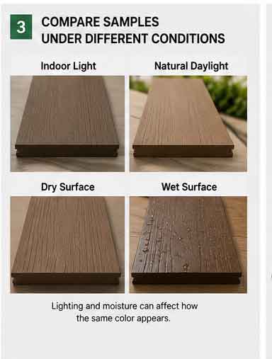 WPC decking color samples under natural light and wet conditions
